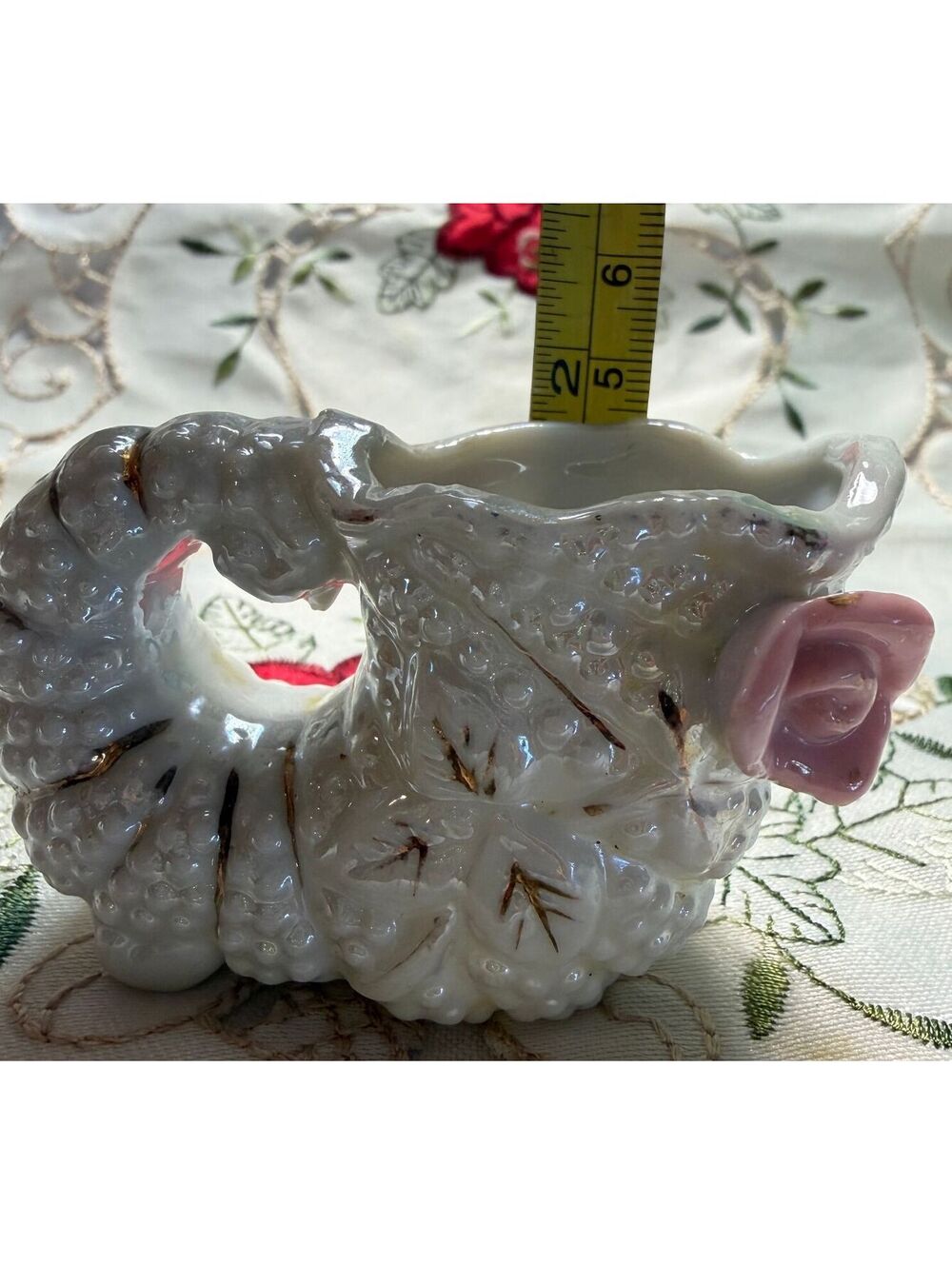 Vintage Porcelain Shell Shaped Pitcher with Pink Rose Accent